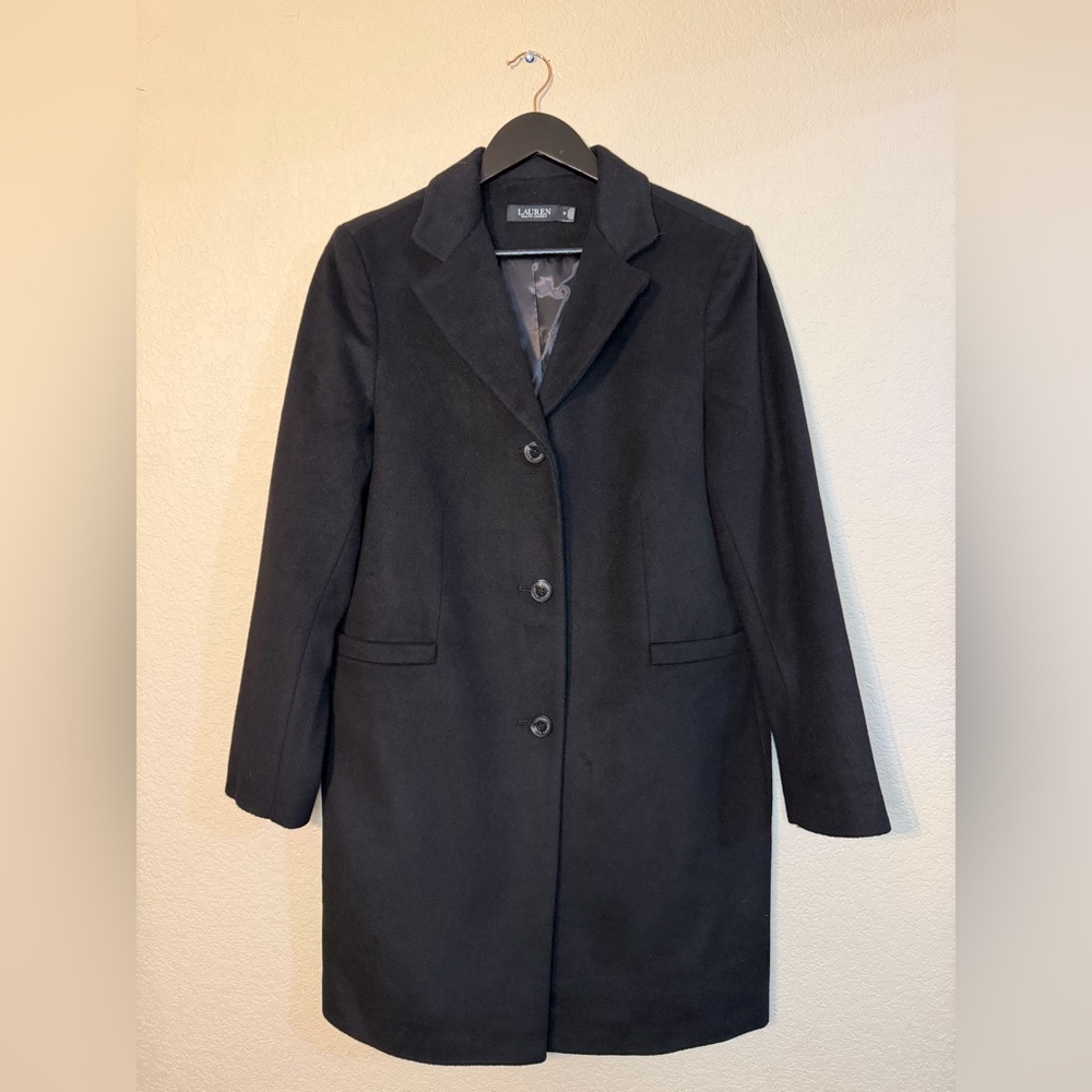 Lauren Ralph Lauren Black Wool Blend Reefer Coat, sz 14